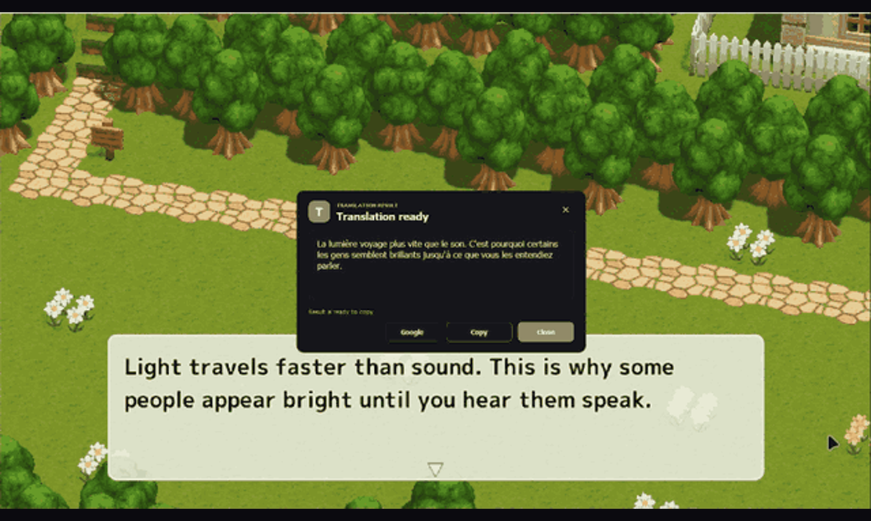 Selecting game dialogue and displaying its translation
