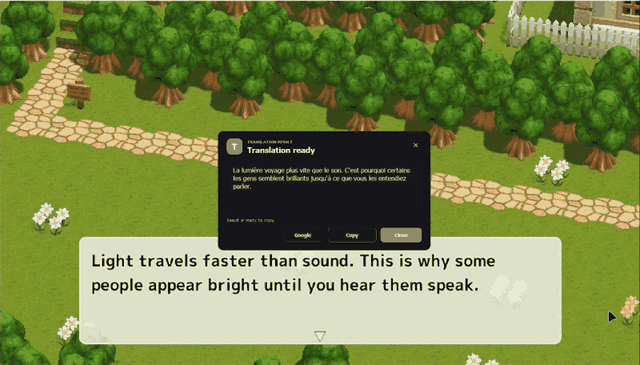 Selecting game dialogue and displaying its translation